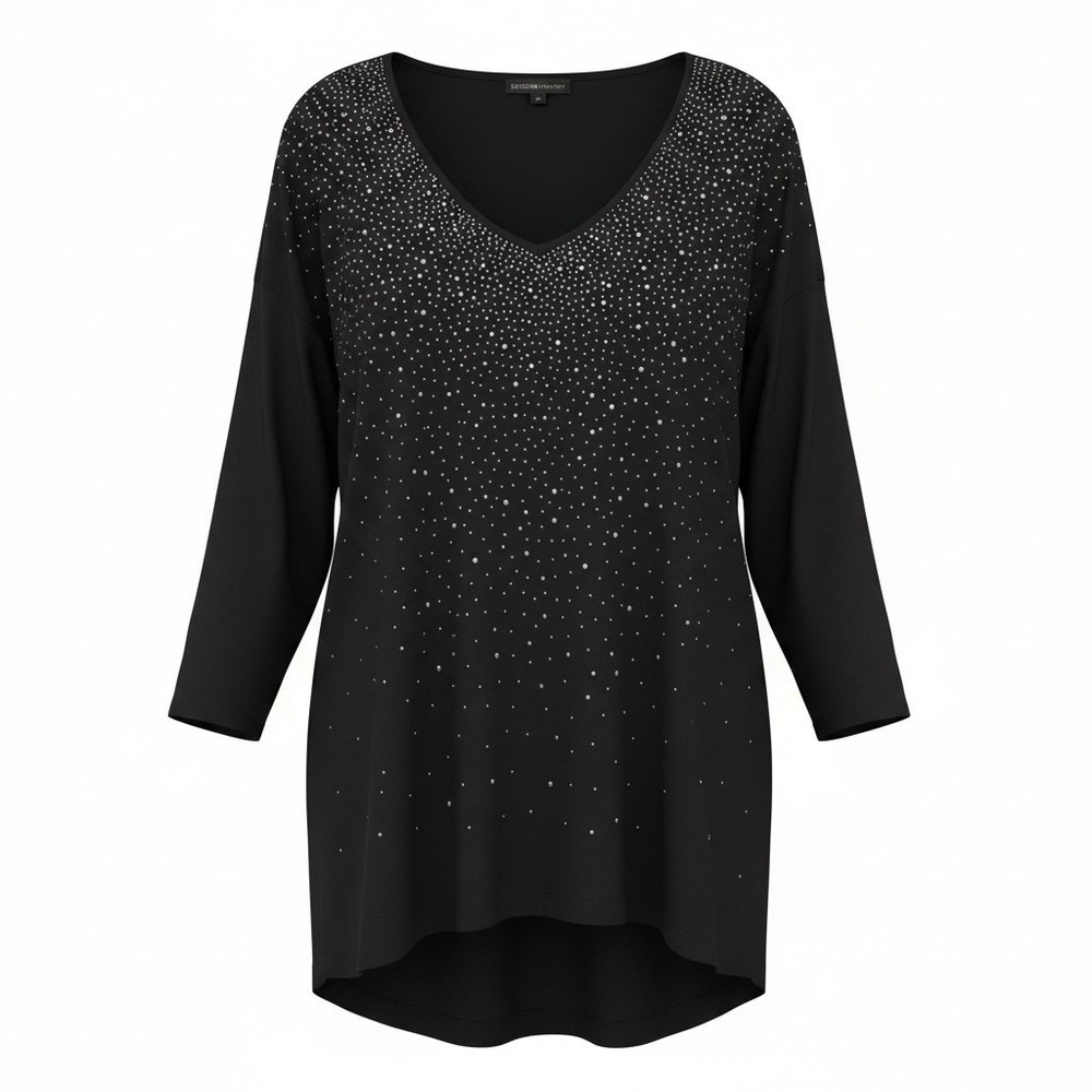 Design History Black Rhinestone Blouse Women XL 3/4 Sleeve Scoop Neck Pullover